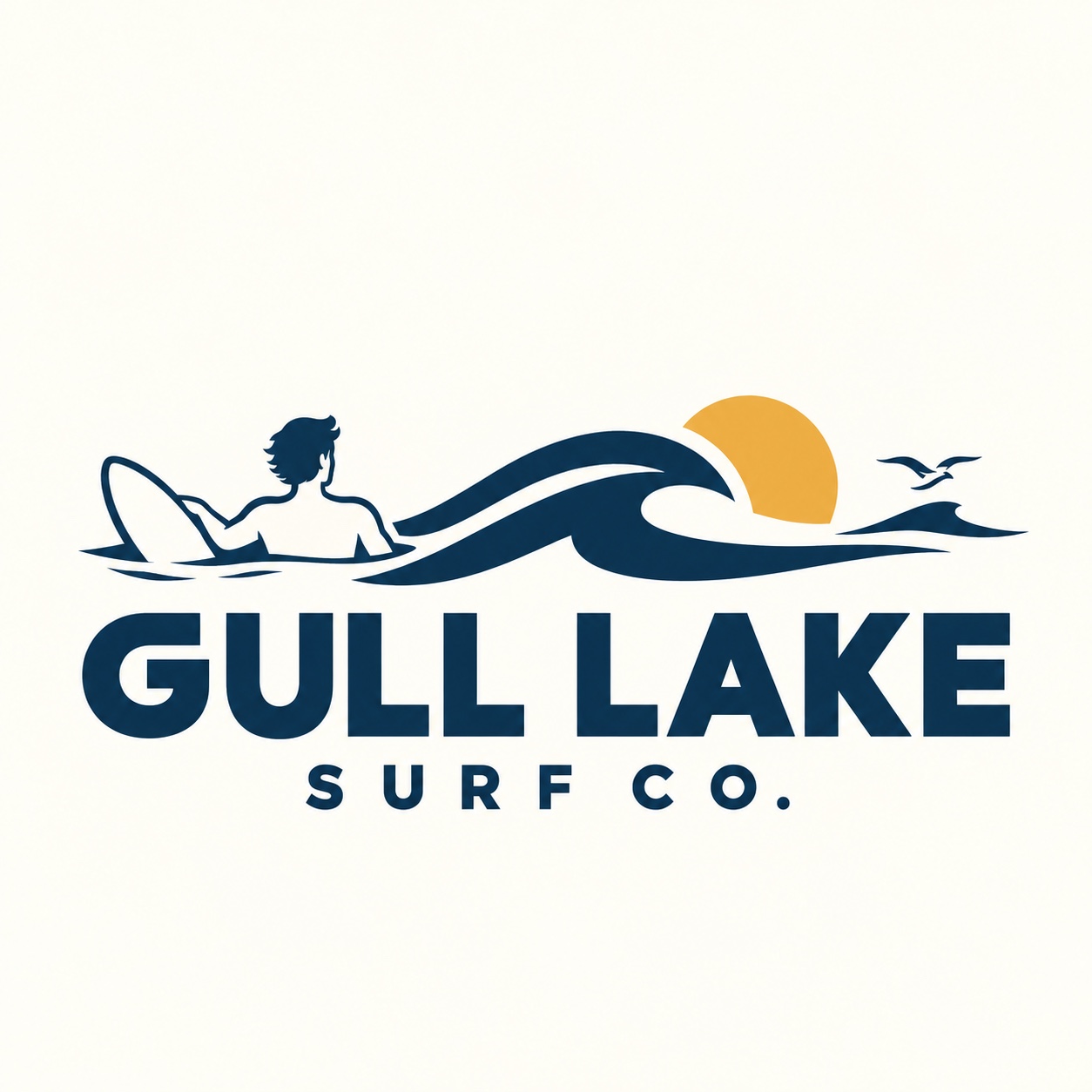 Gull Lake Surf Co. — a surfer with his board beside a wave, golden sun and seagull